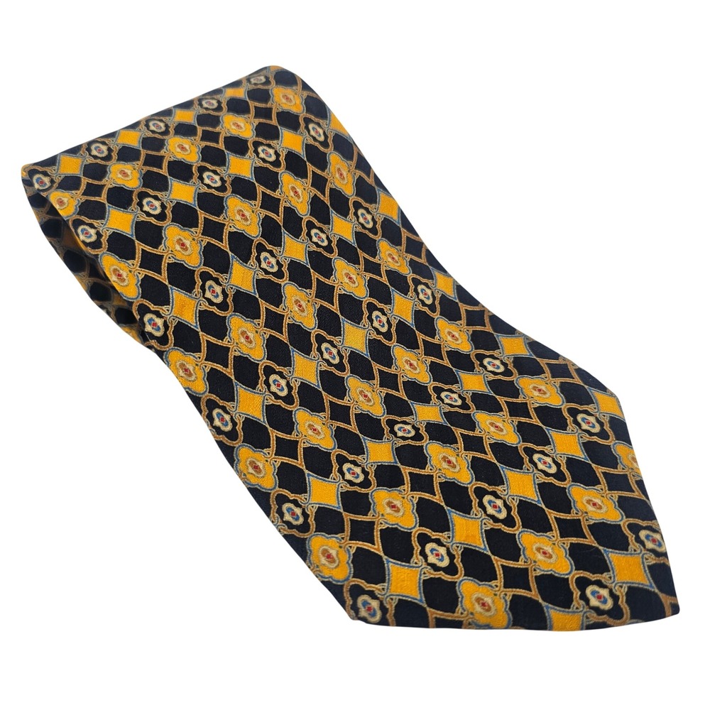 Brioni Silk Tie Navy Gold Geometric Medallion Hand Made Italy Luxury Designer